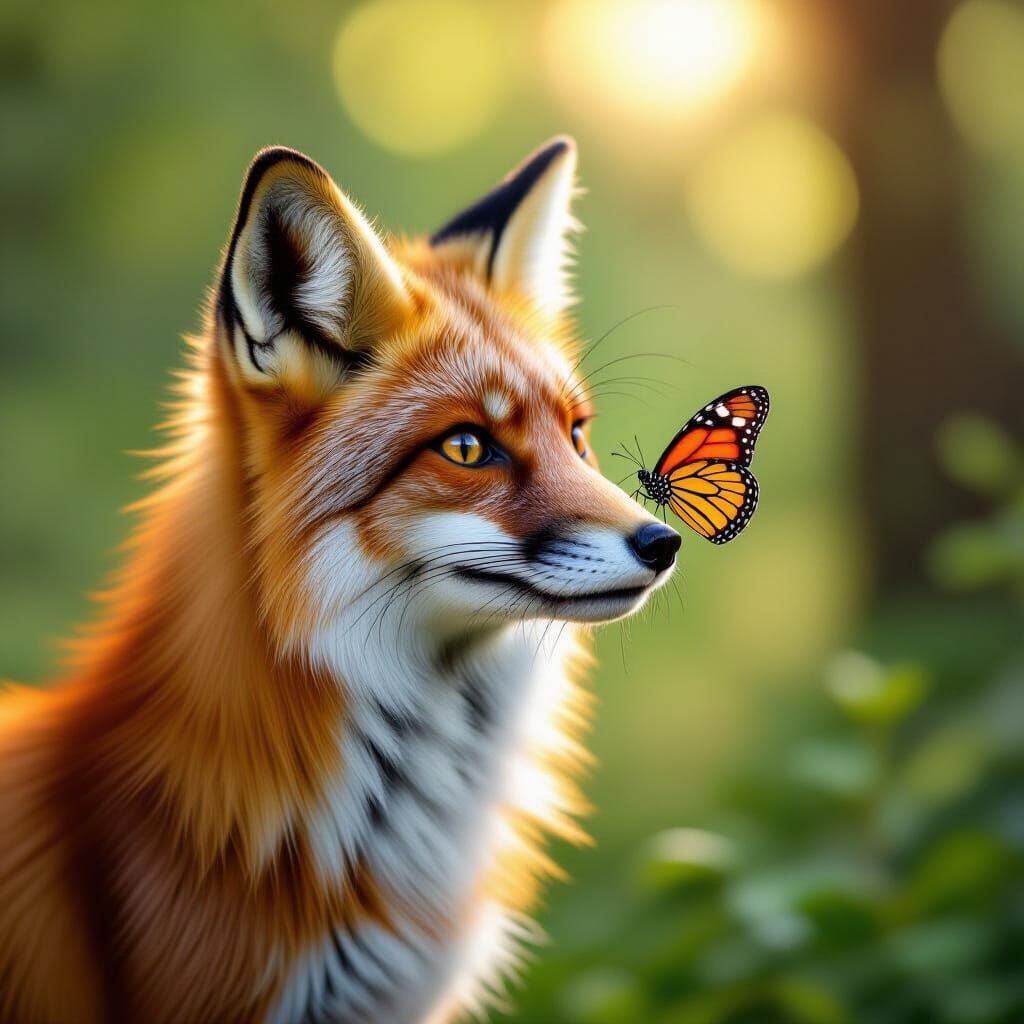 Red Fox with Butterfly on Nose in Sunlit Forest
