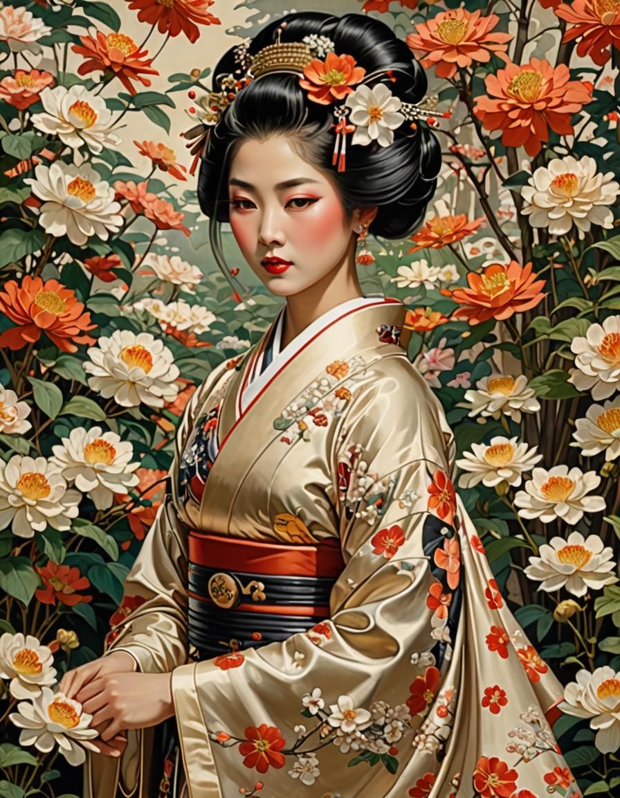 Beautiful Geisha in Flower Garden, Leyendecker Style