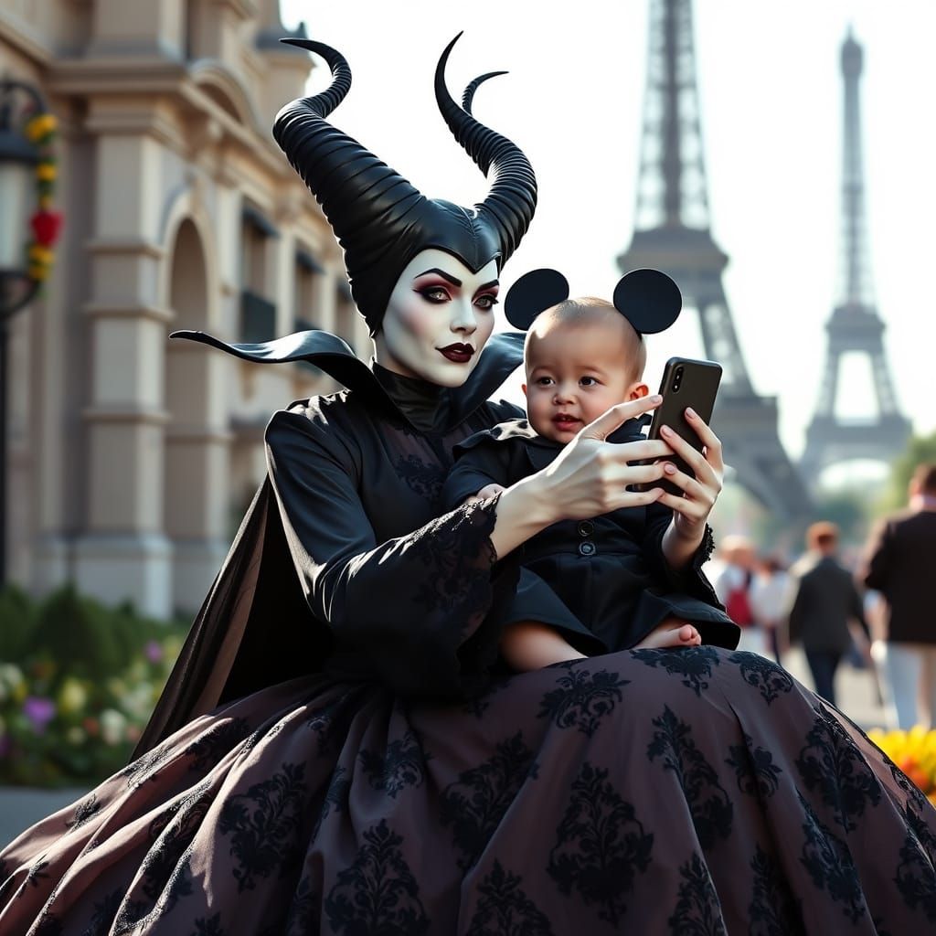 Maleficent in Elegant Gothic Spring Dress at Disneyland Pari...