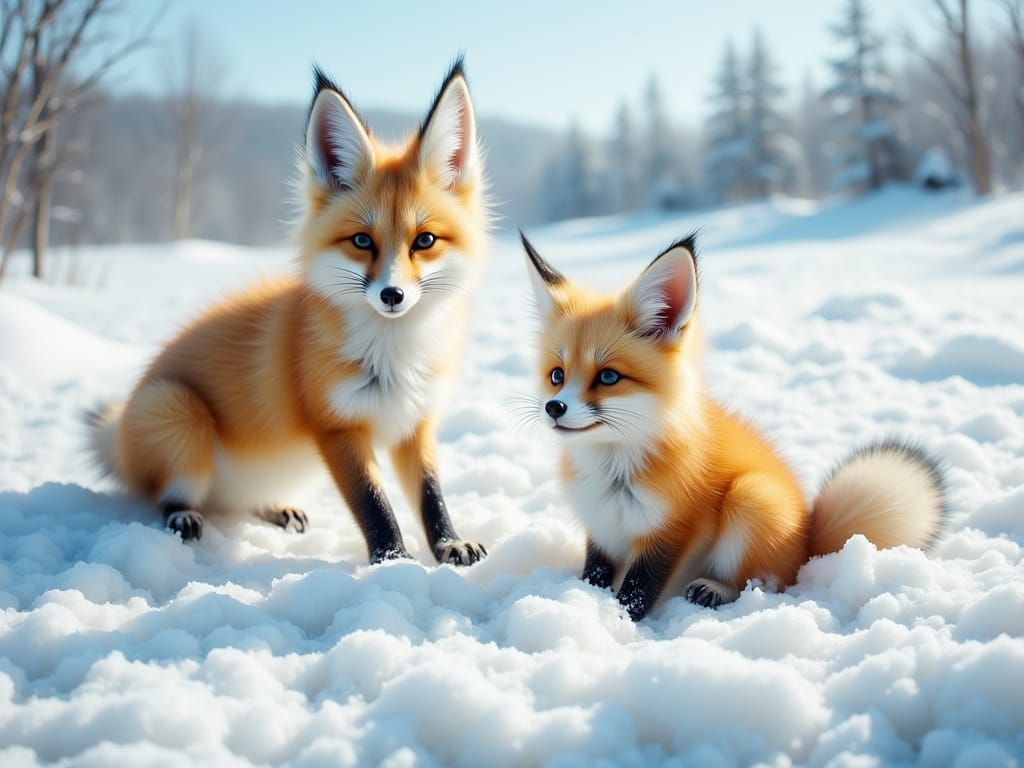 Fennec Fox Puppies Play in Snowy Winter Landscape