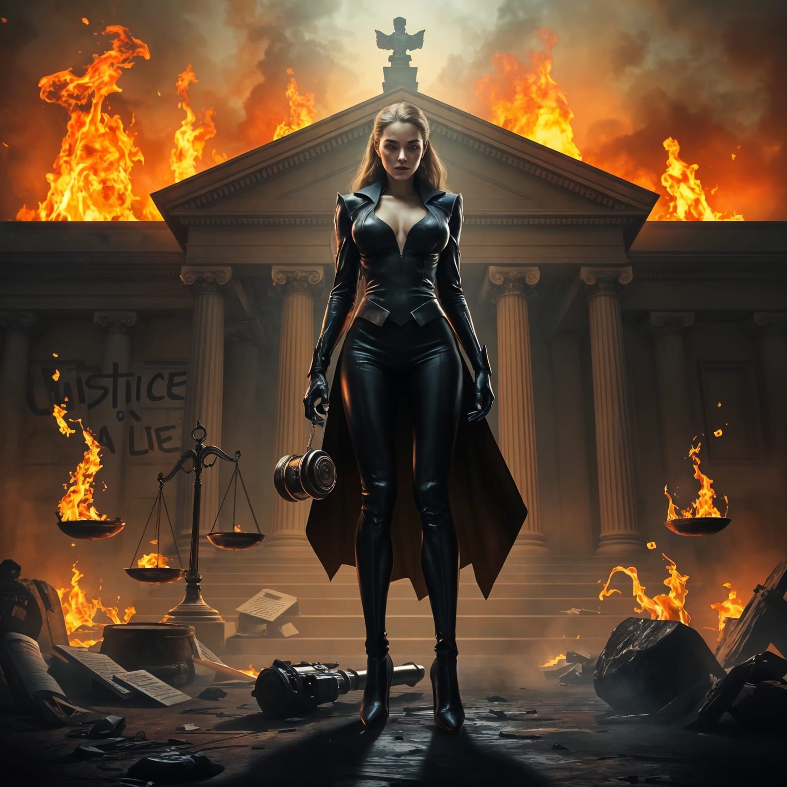 Female Supervillain in Burning Courthouse, Hyperdetailed Art