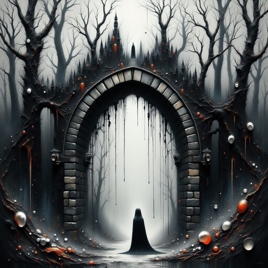 Mysterious Ink Gate in Gothic Surrealist Forest