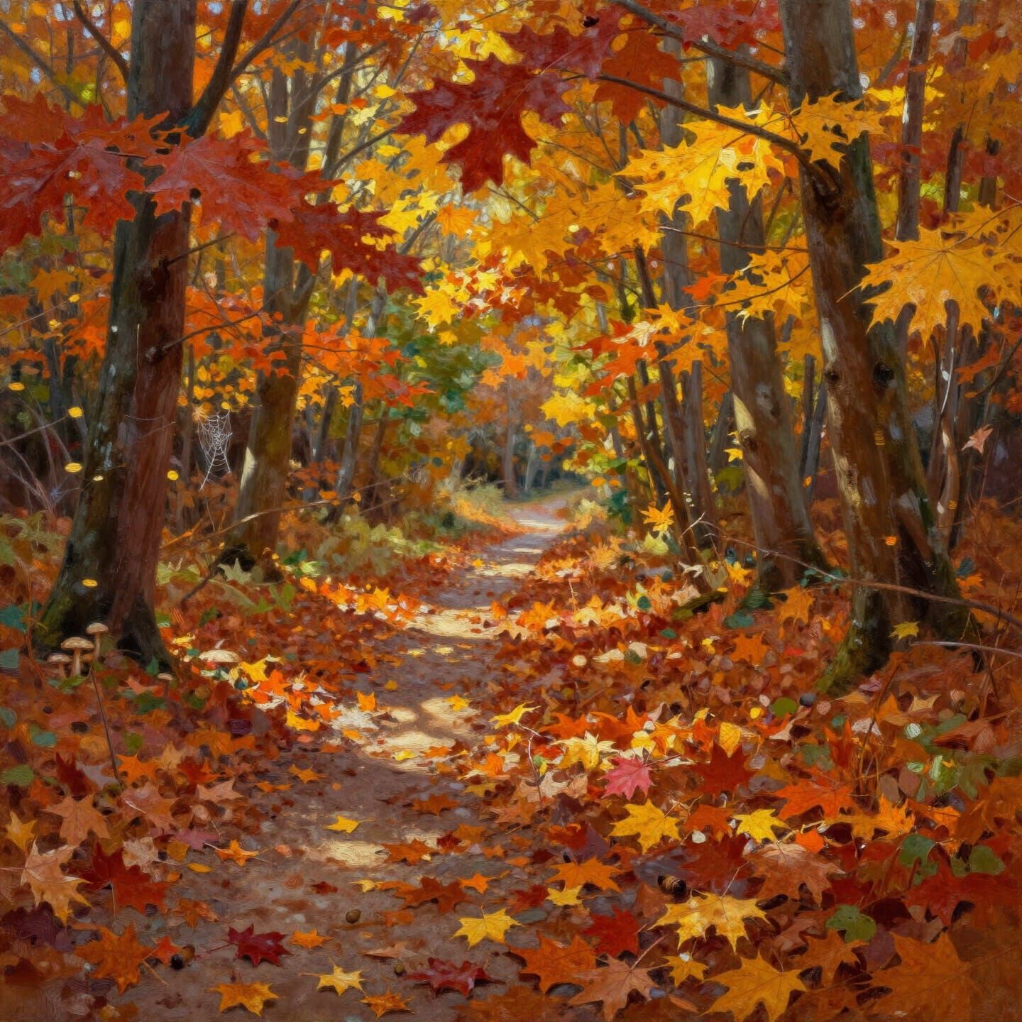 Impressionistic Autumn Forest Path with Fallen Leaves
