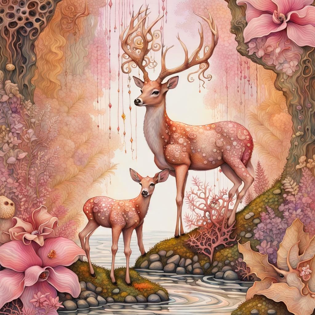 Magical Deer Mother and Baby in 3D Klimt Style