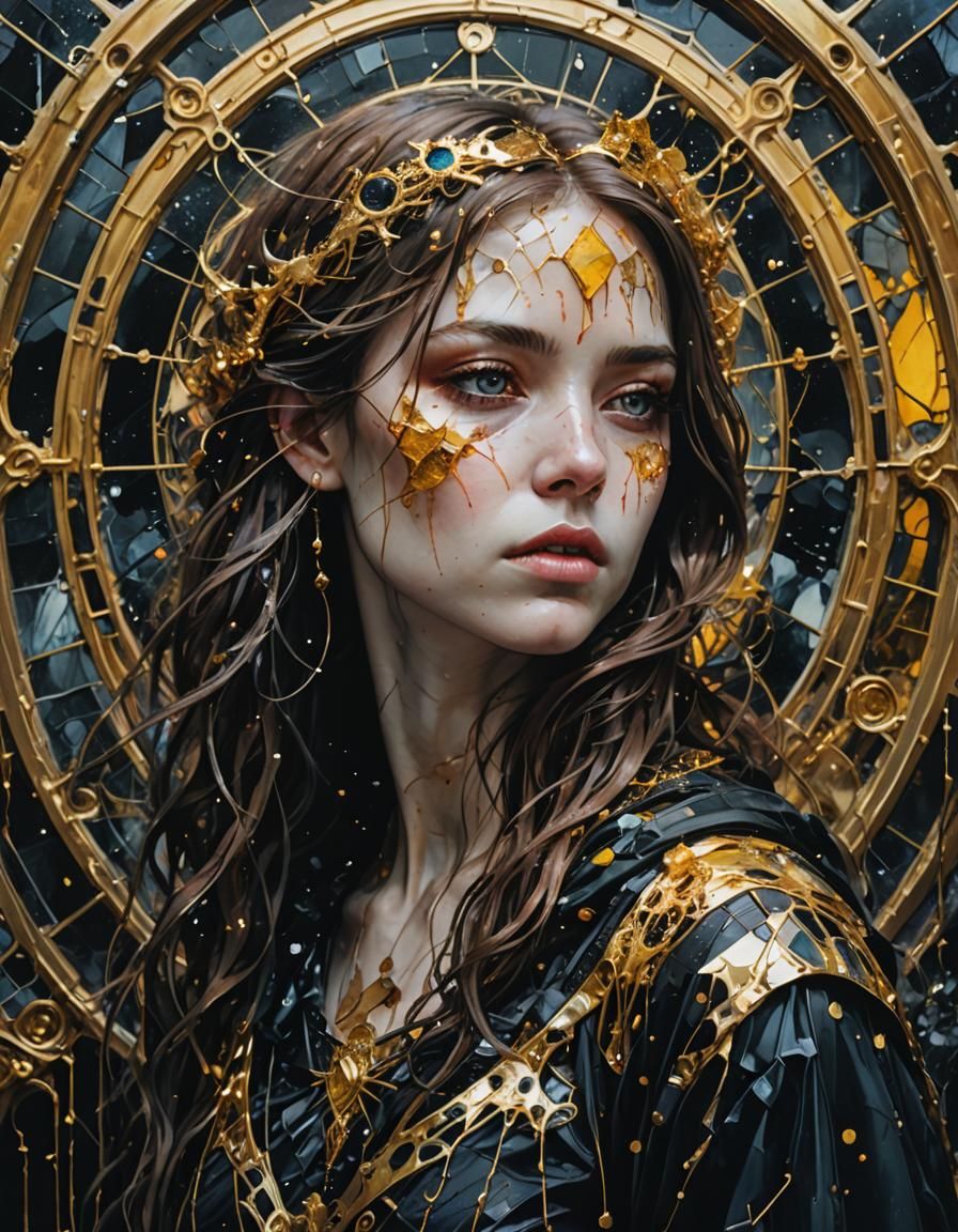 Gold and Black Cosmic Dreamscape: Digital Illustration