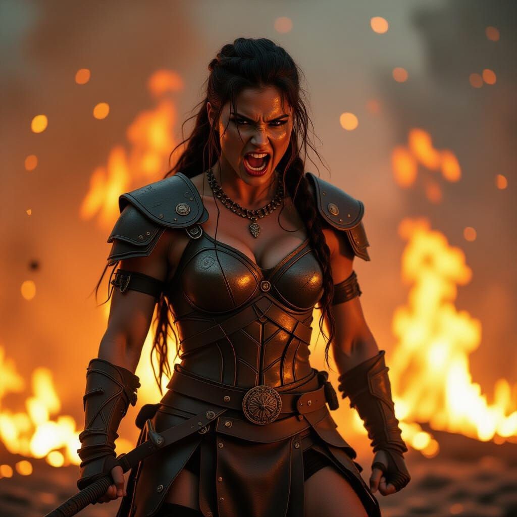 Fierce Barbarian Woman in Flames, Cinematic Lighting