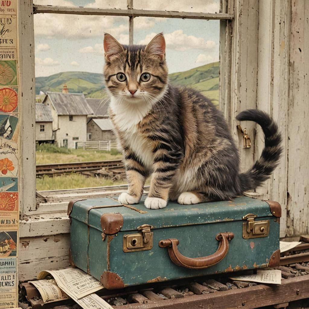 Kitten in Vintage Train Car Collage Art