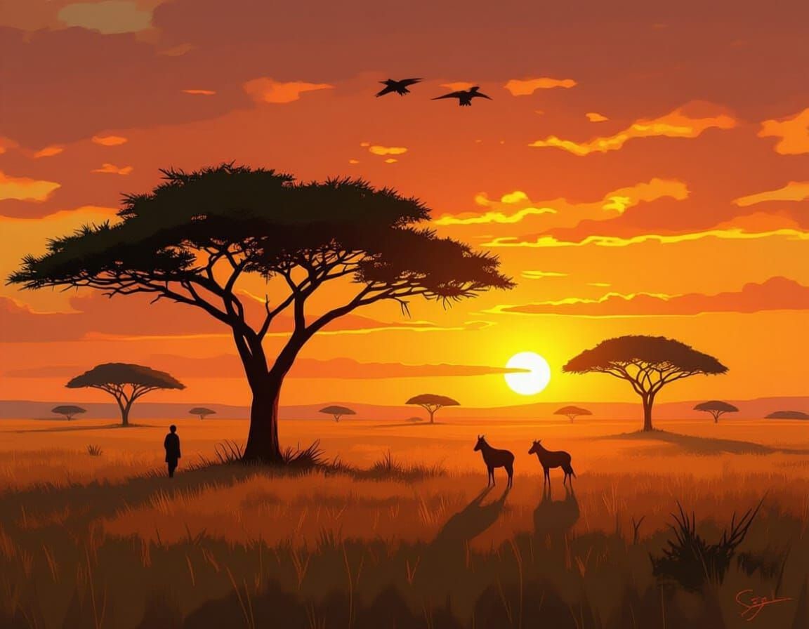 Savanna Sunset with Acacia Trees in Digital Painting Style