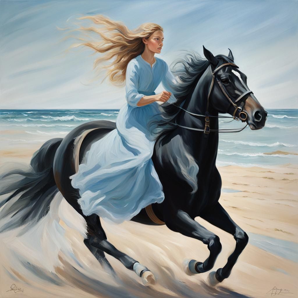 Woman Galloping on Horseback: Realistic Oil Painting