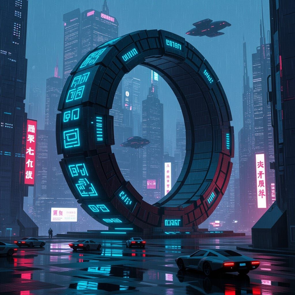 Cyberpunk Infinity Gate with Rakatan Glyphs