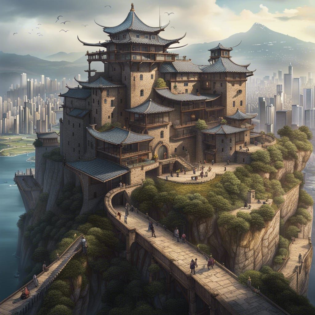 Fantasy Fortress on Hill in Cyberpunk Style