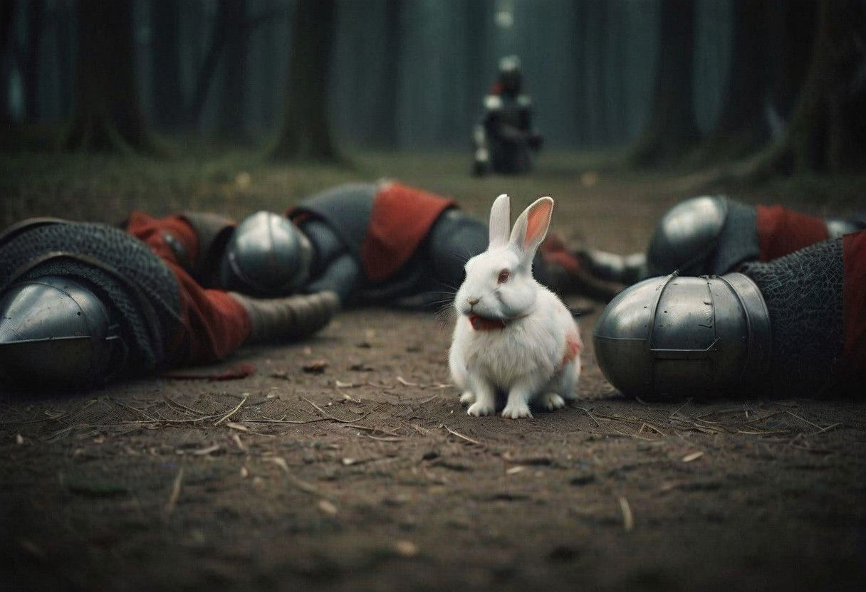 Epic Medieval Rabbit Confronts Fallen Knights