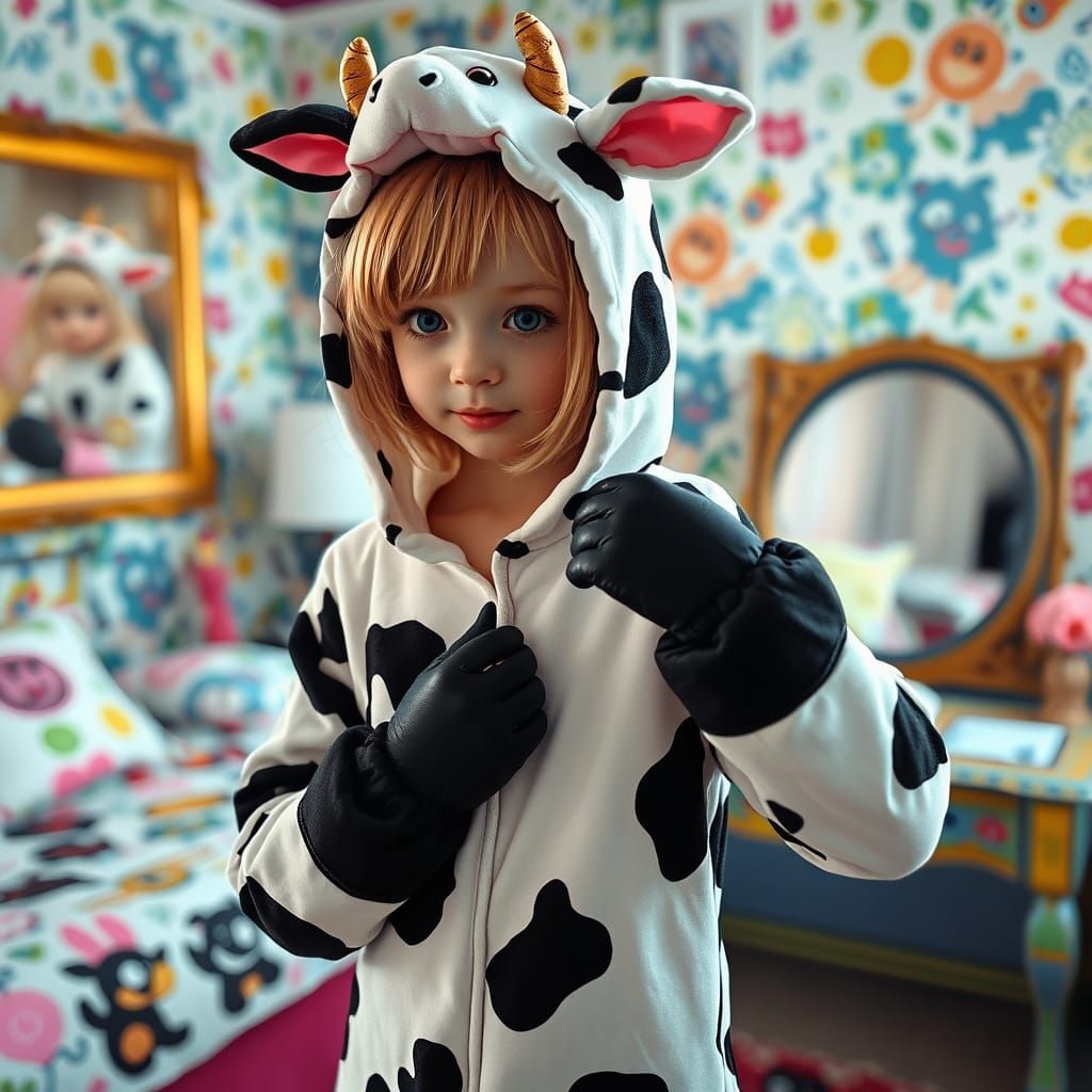 Girl in Vibrant Cow Costume Prepares for Adventure