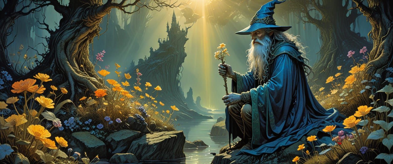 Mystical Wizard in Eerie Sunlight, Digital Matte Painting