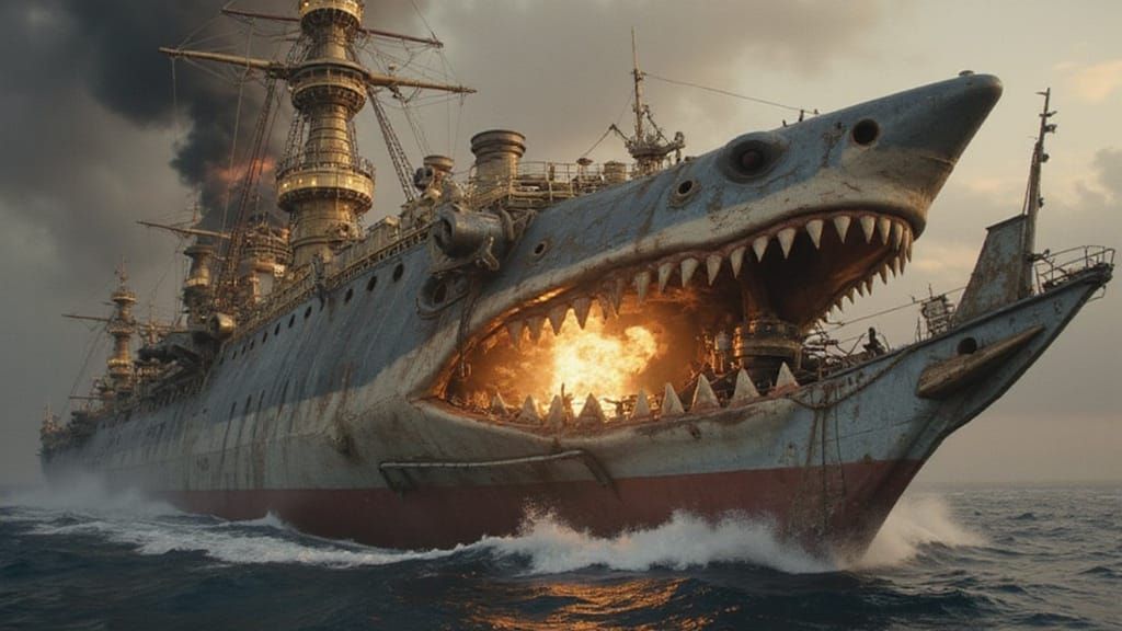 Steampunk Shark Battleship Engulfed in Flames