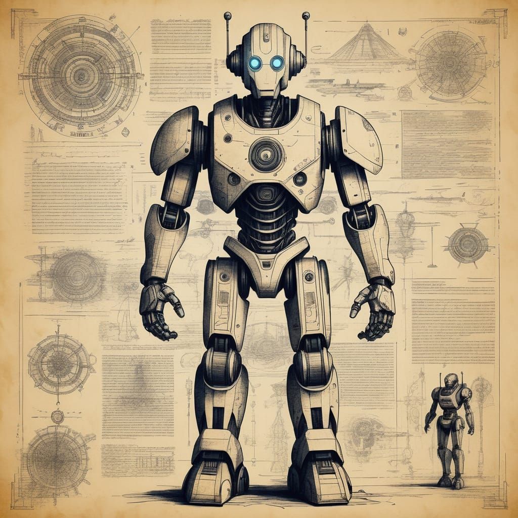 Cyberpunk Robot Blueprint in Eerie Dystopian Style