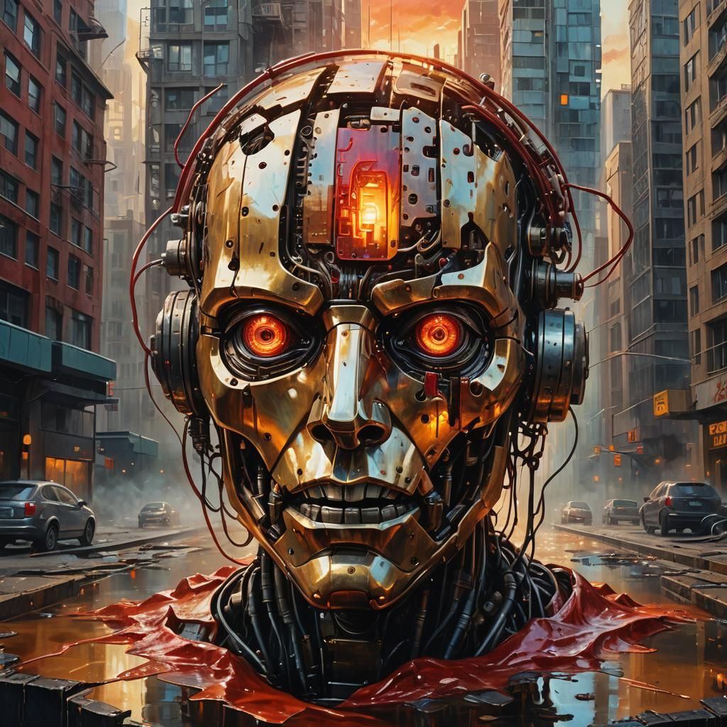 Robotic Head Emerges from Melting Cityscape