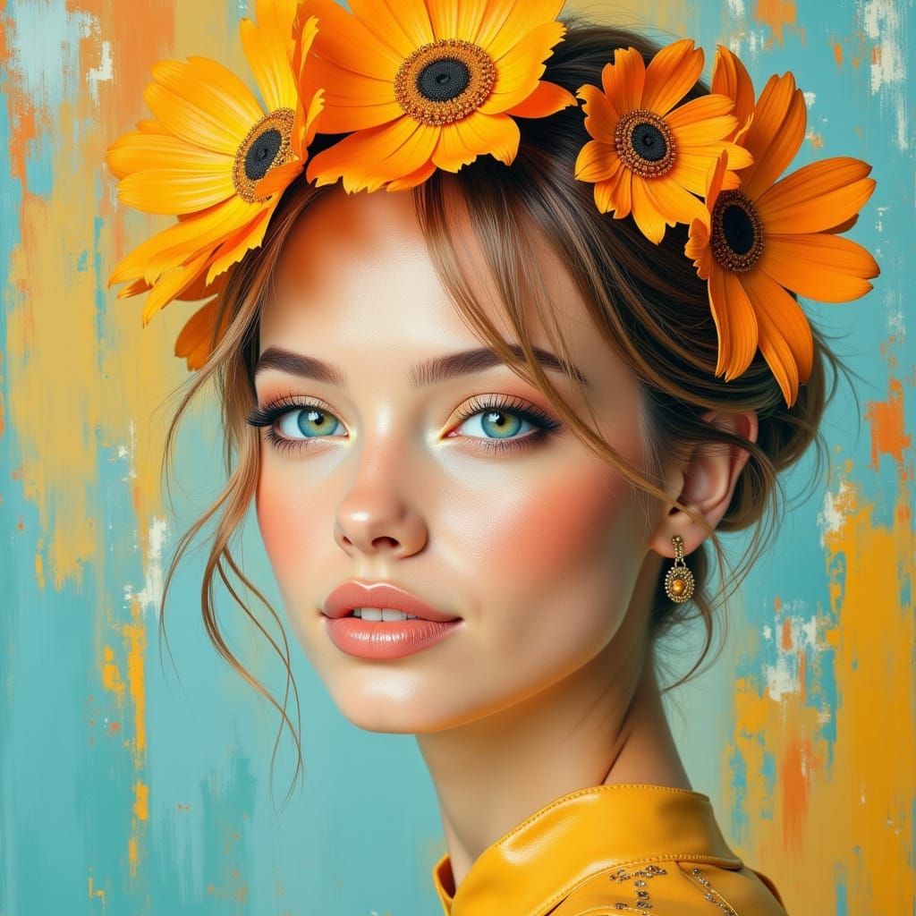 Vibrant Oil Painting of Woman with Amber and Teal Hues