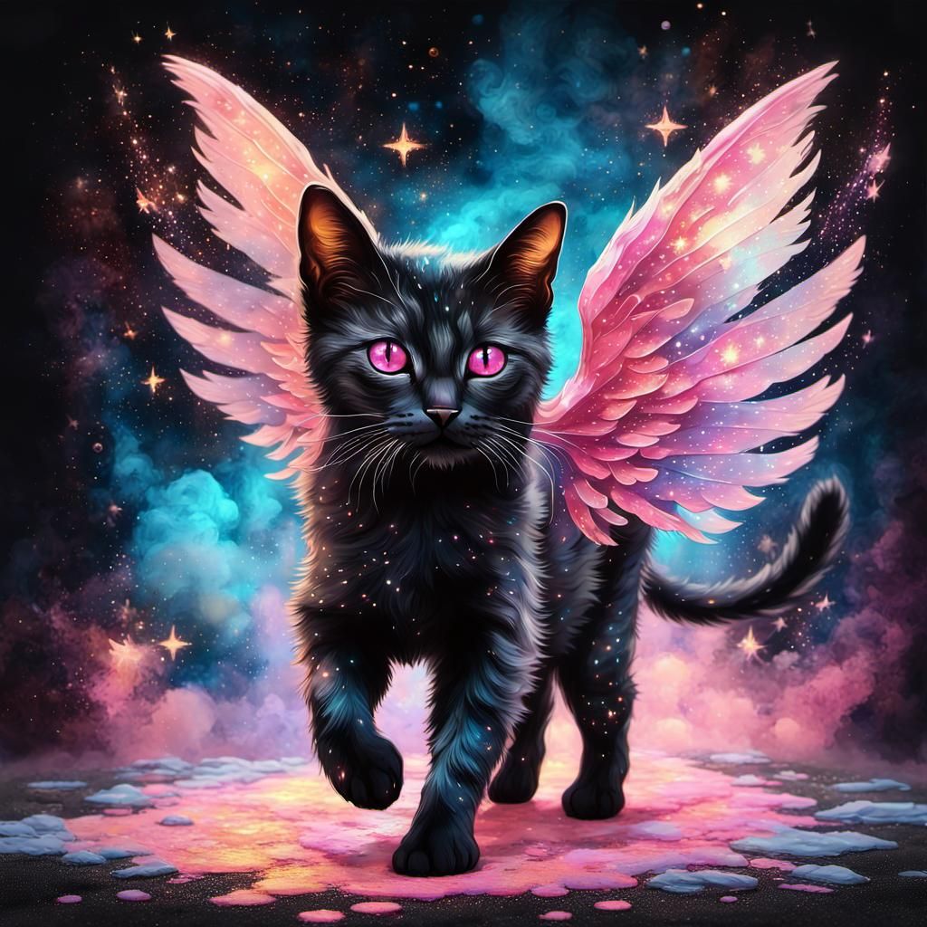 Ethereal Winged Cat Shimmering in Starry Space