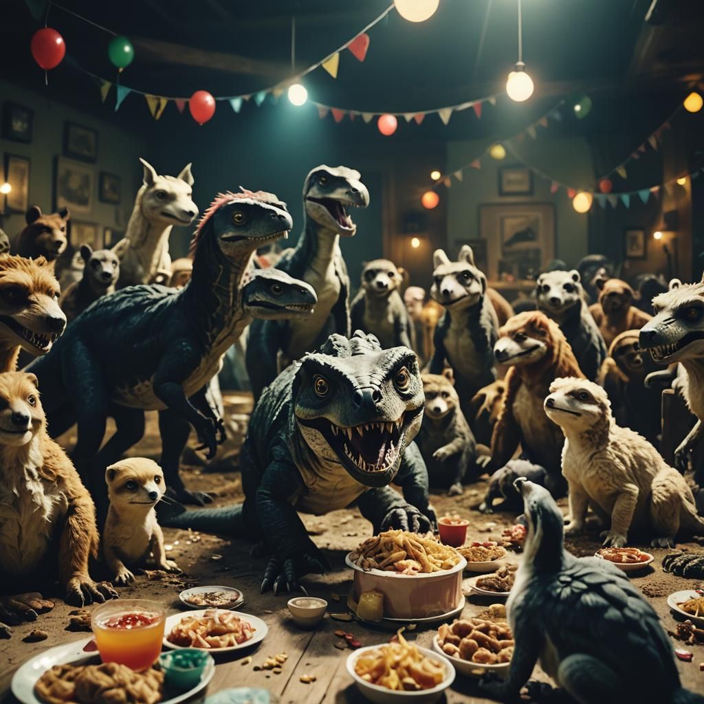 Cinematic Animal Party: Film Still in Vibrant Color