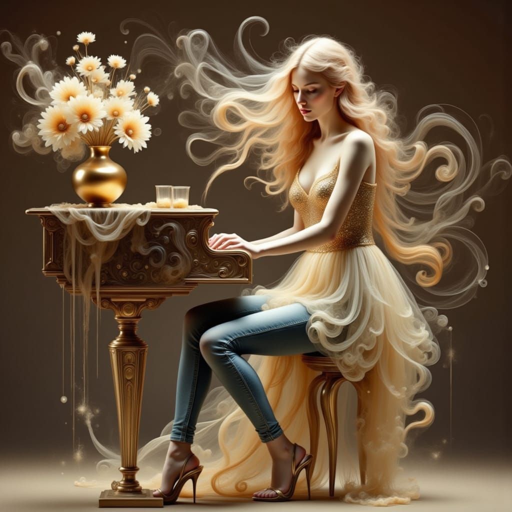 Ethereal Pop Singer at Piano in Elegant Gossamer Top