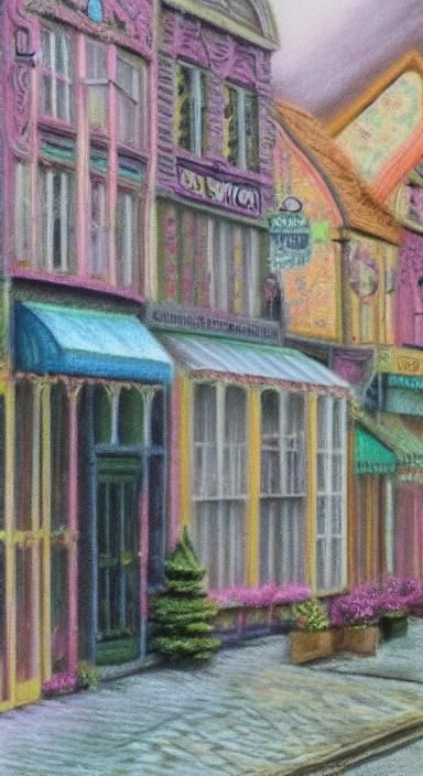 Detailed Pastel Storefront Drawing with Silver Highlights