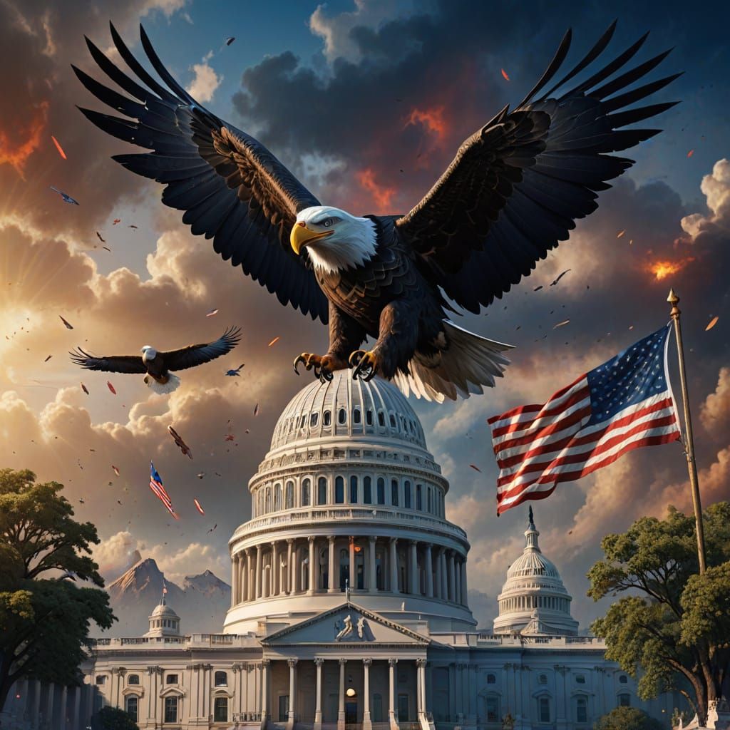 Patriotic Bald Eagle Salutes US Capitol in Matte Painting