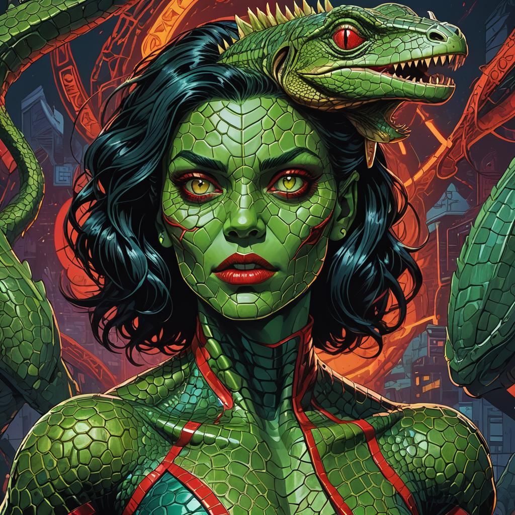 Lizard Woman Hybrid in Retro Comic Style