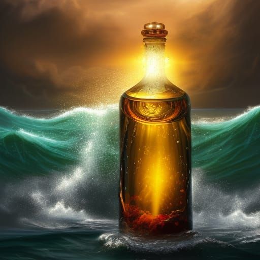 Sunlit Bottle Adrift on Stormy Seas