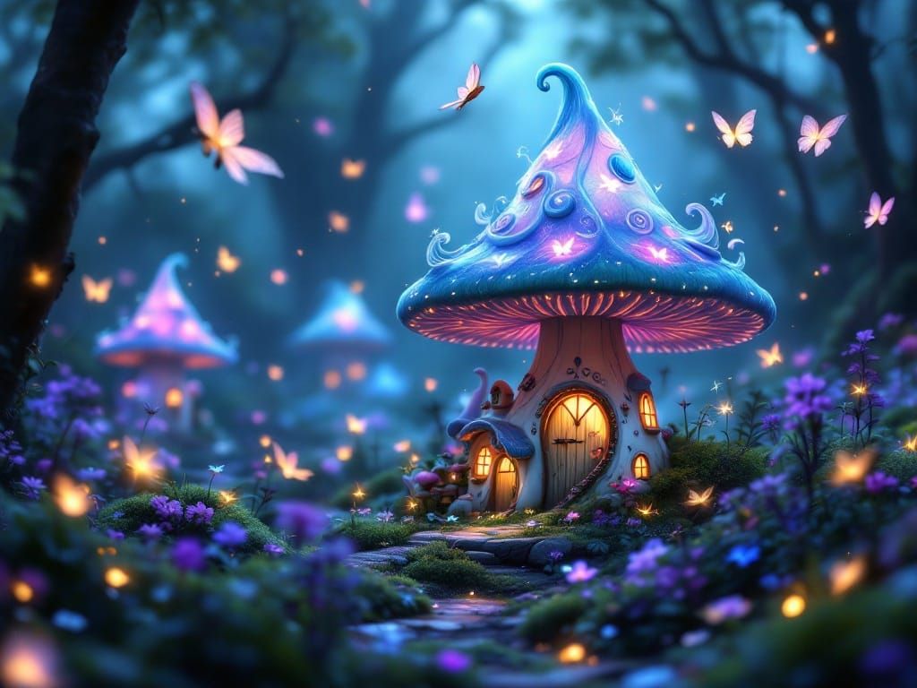 Whimsical Mushroom Houses in Bioluminescent Forest