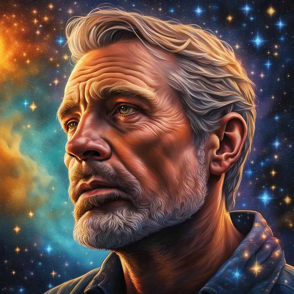 Man Contemplates Starry Sky in Hyperrealistic Splash Art