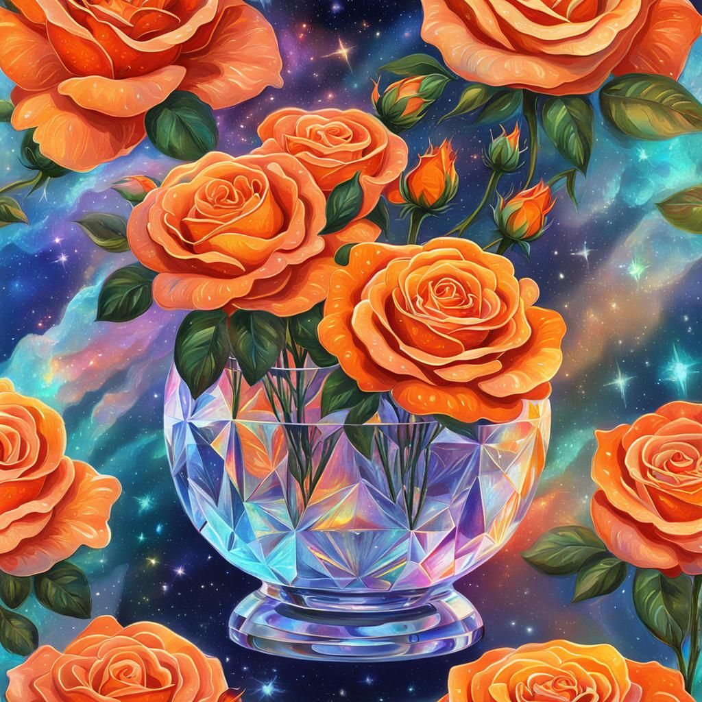Orange Roses in Crystal Vase, Astral Illustration