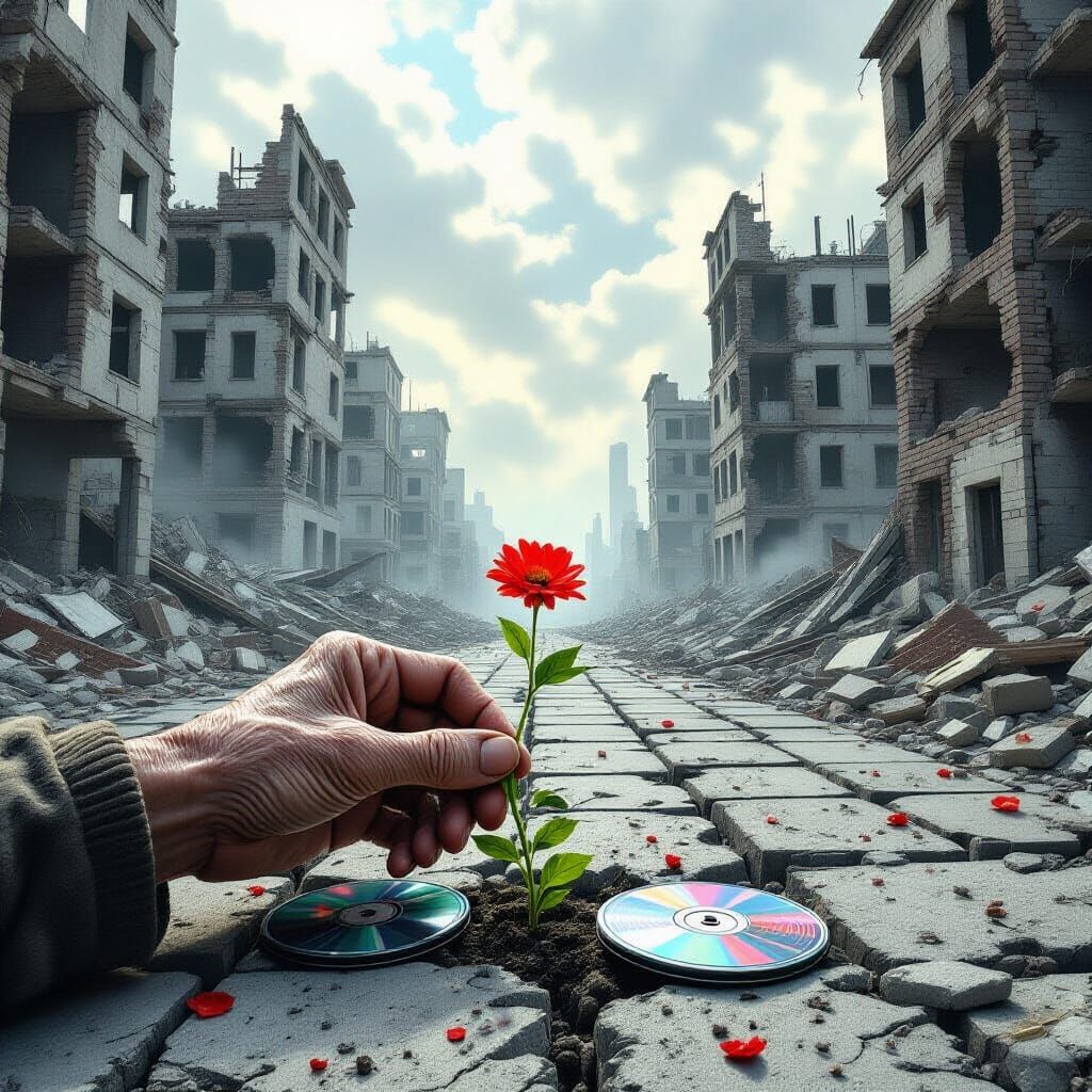 Hopeful Flower Emerges From Ruins: Digital Painting