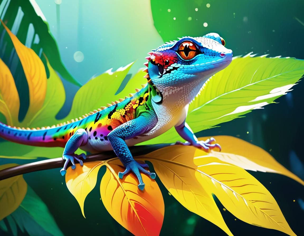 Rainbow Gecko in Manga Style Watercolor Portrait