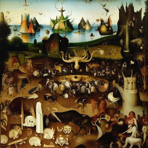 Minotaur Pianist in Bosch's Garden: Surreal Composition