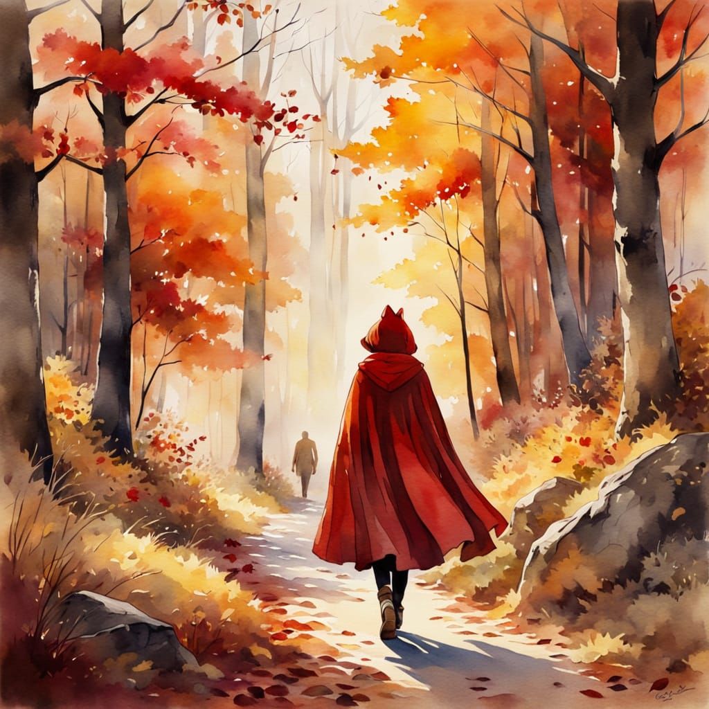 Red Riding Hood in Autumn Forest Watercolor