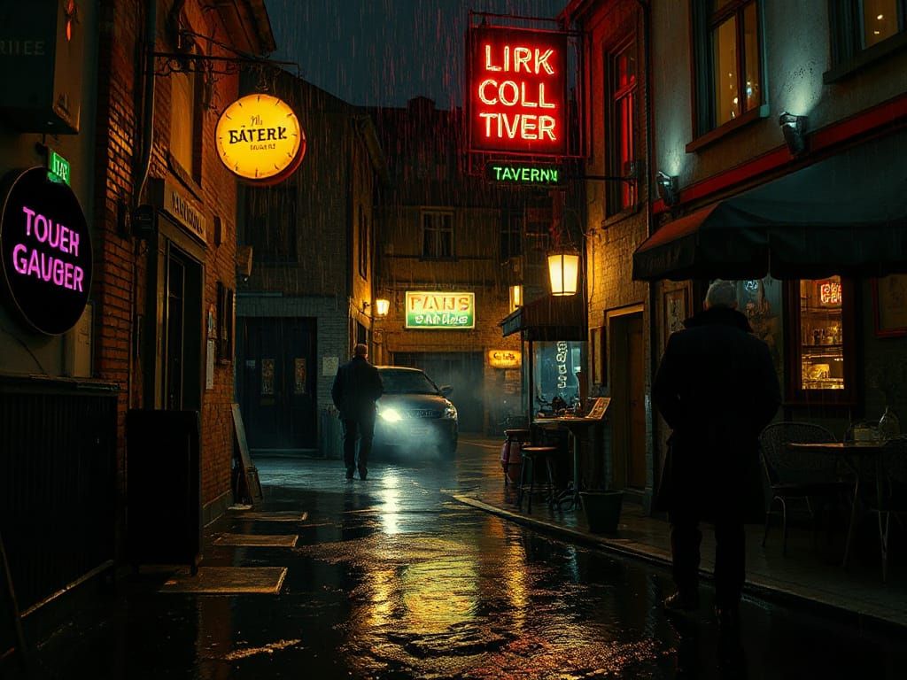 Neon-Lit European Tavern in Rainy Night Alley