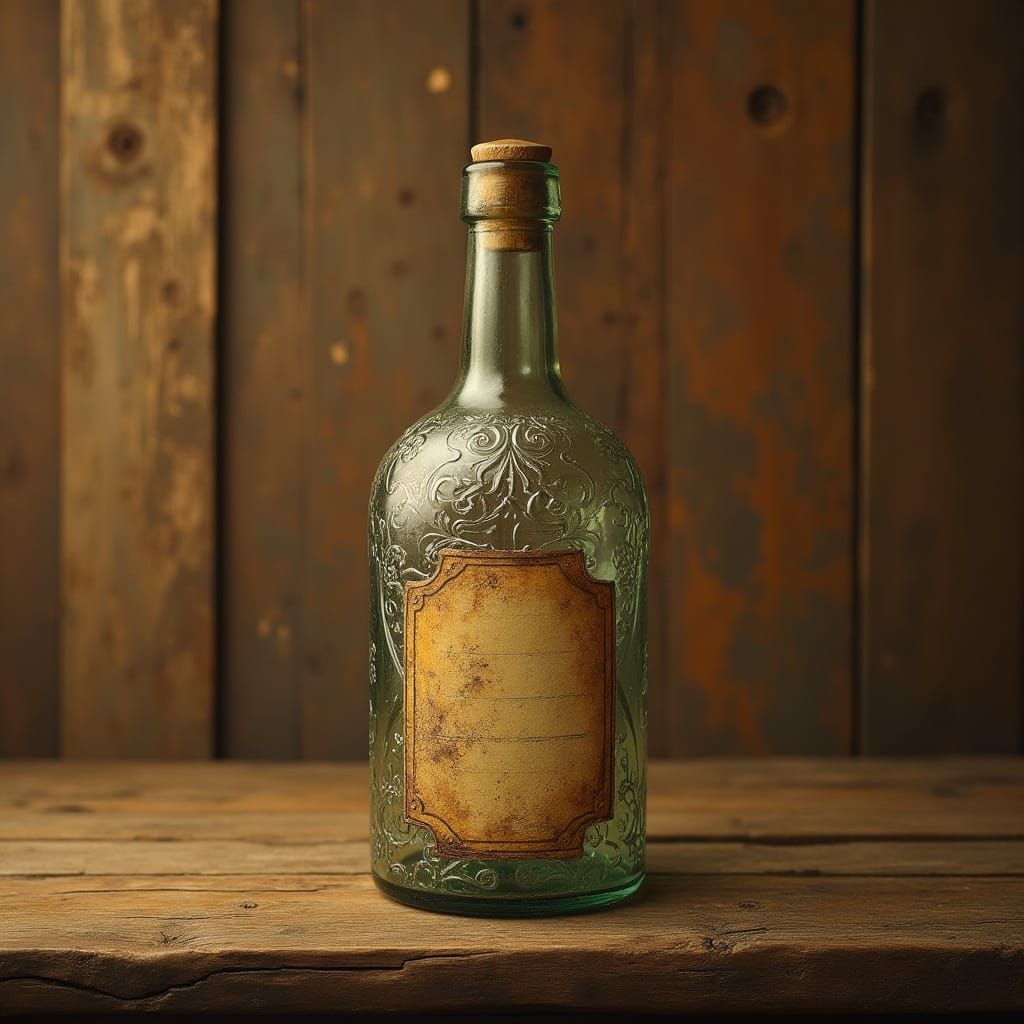 Ornate Antique Glass Bottle on Rustic Wooden Background