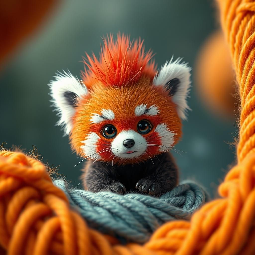 Knitted Red Baby Panda with Mohawk, Digital Art