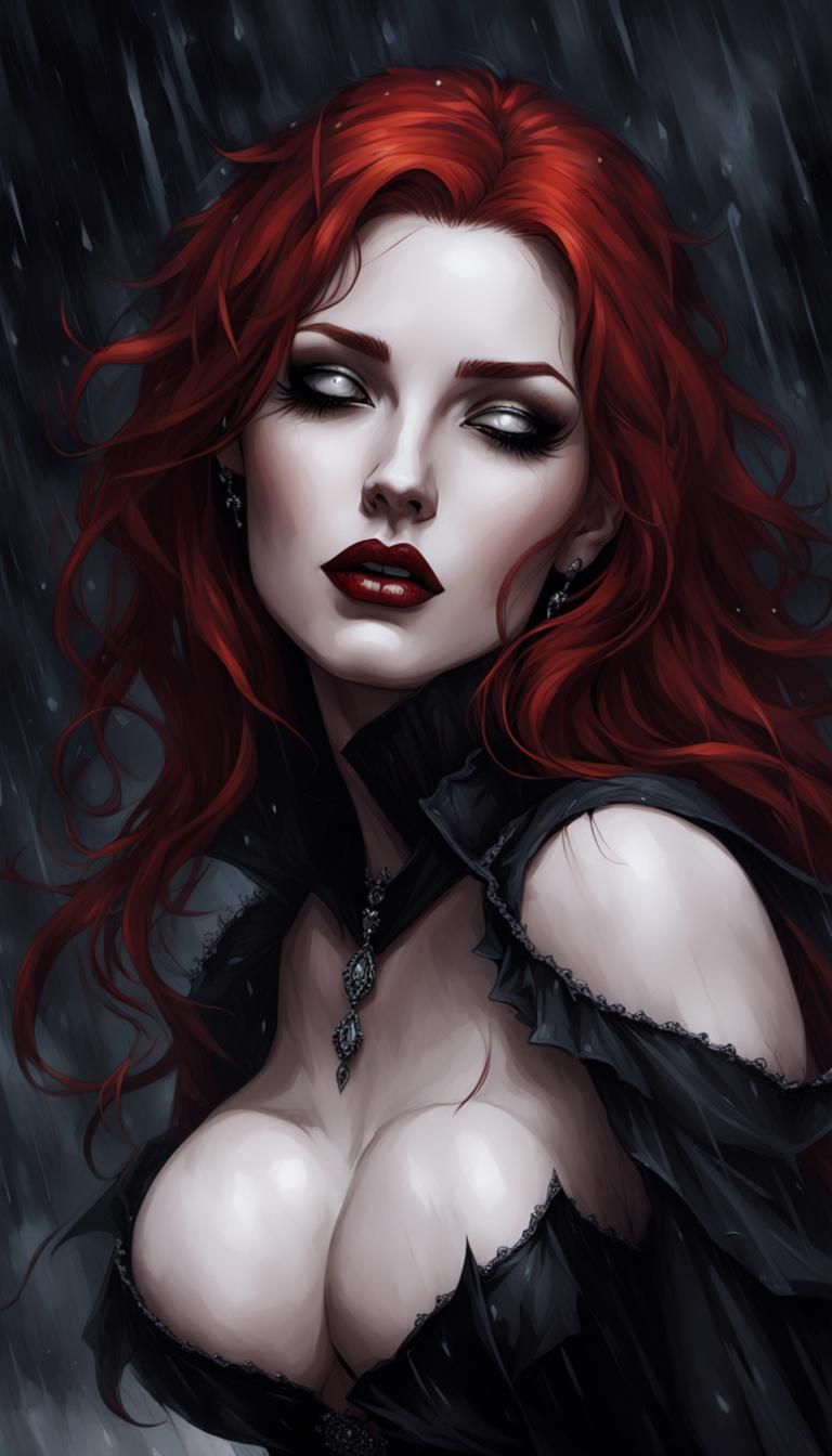 Redhead Vampire in Stormy Rainfall: Gothic Dark Fantasy