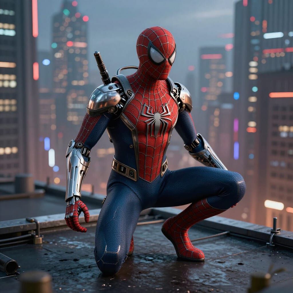 Spider-Man in Tech Suit Over Cyberpunk Cityscape