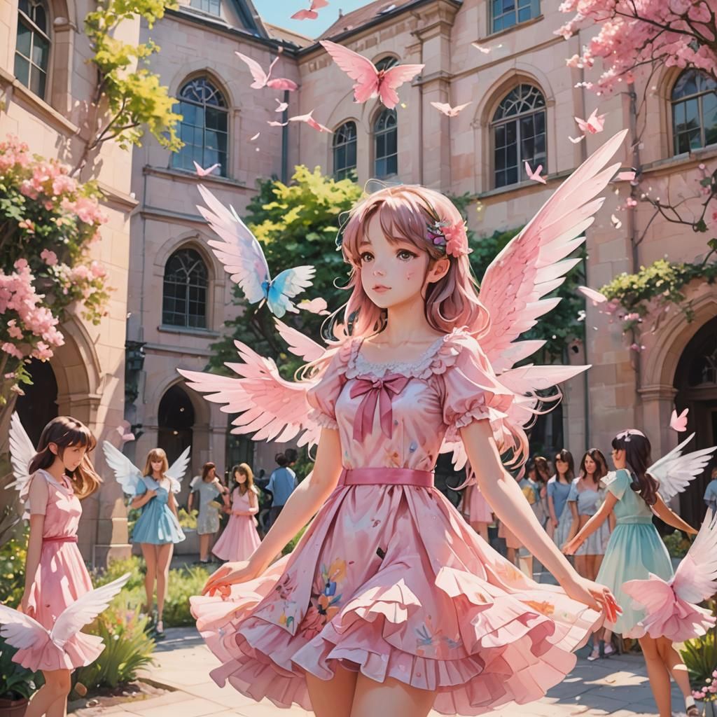 Pastel Anime Girl with Pink Wings in Watercolor Style
