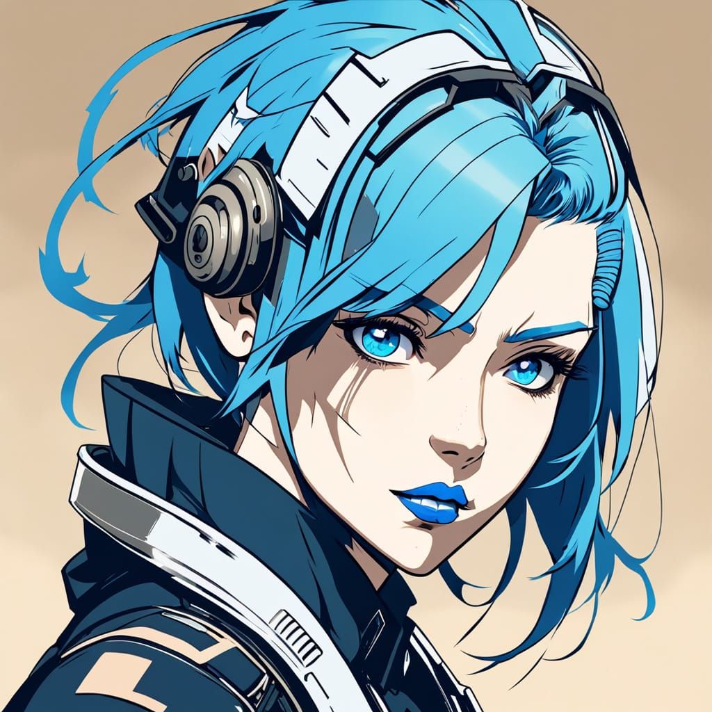 Anime Biker Girl Portrait with Blue Hair and Lips in Sepia T...