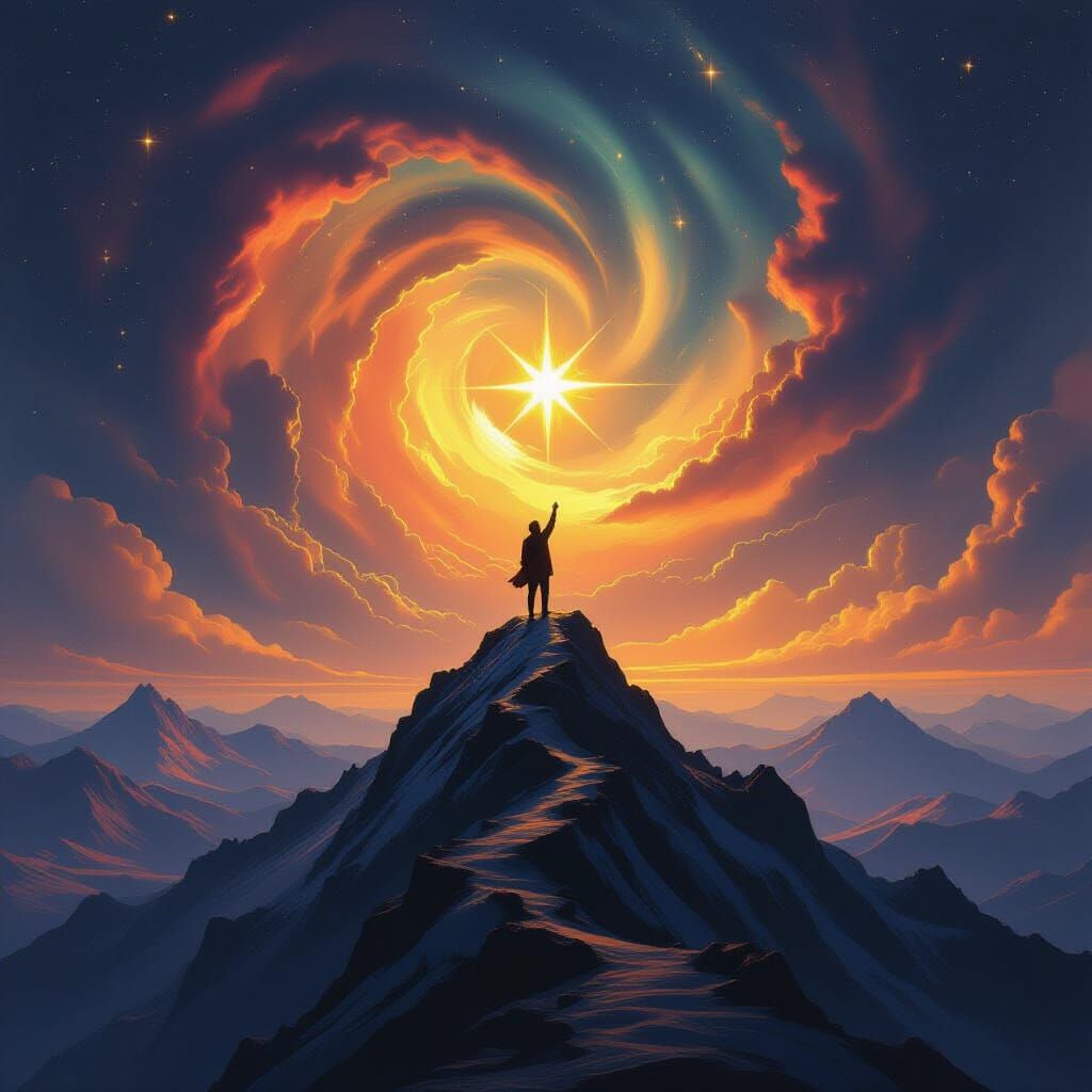 Epic Fantasy Mountain Peak Achievement Under Nebula Sky