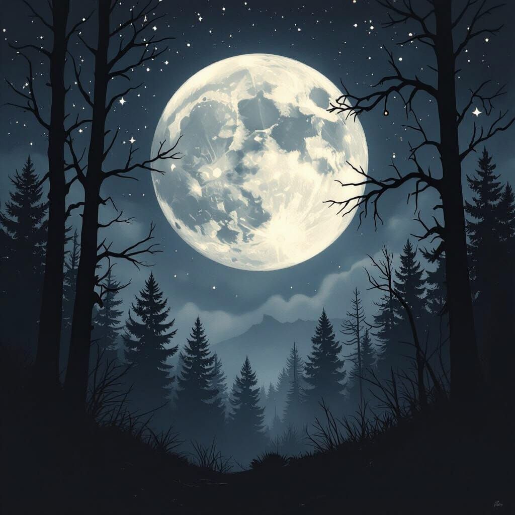 Dramatic Moonlit Forest in Charcoal Style