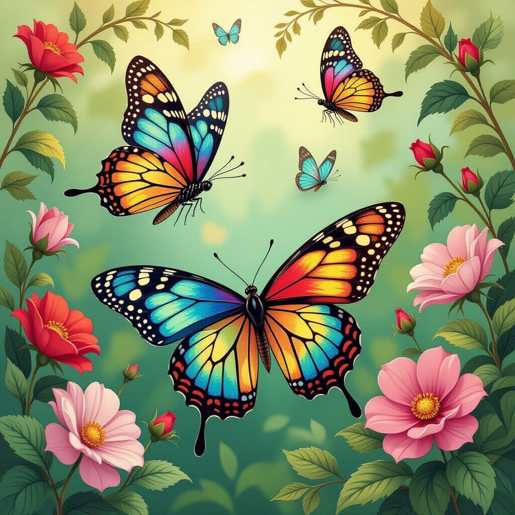 Iridescent Butterflies in Lush Alphonso Mucha Garden