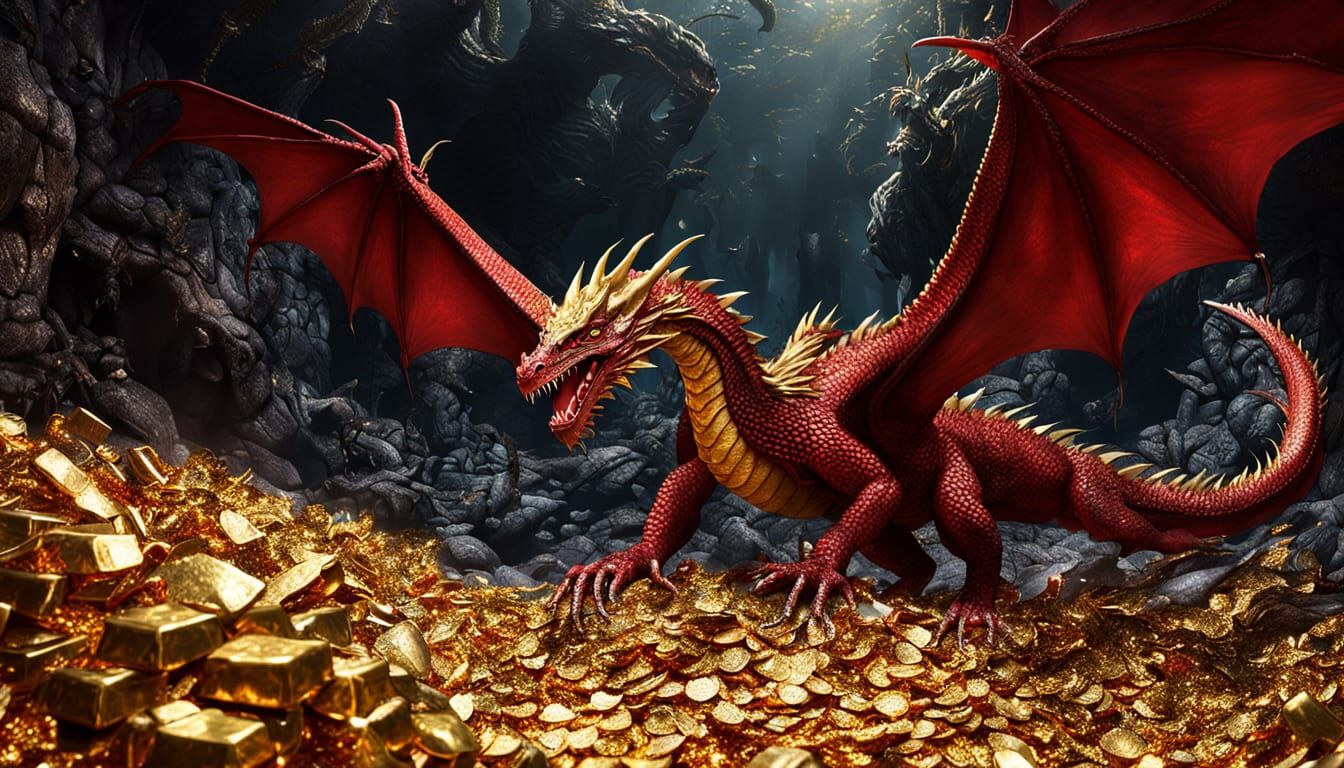 A Majestic Red Dragon Guards Its Treasure Hoard in a Dark Ca...