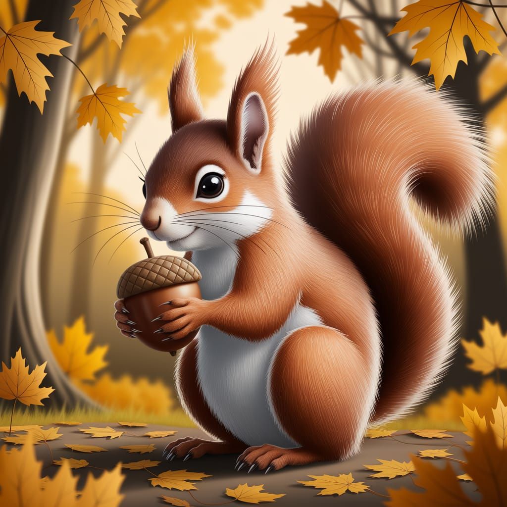 Squirrel and Acorn in Autumn Sunlight