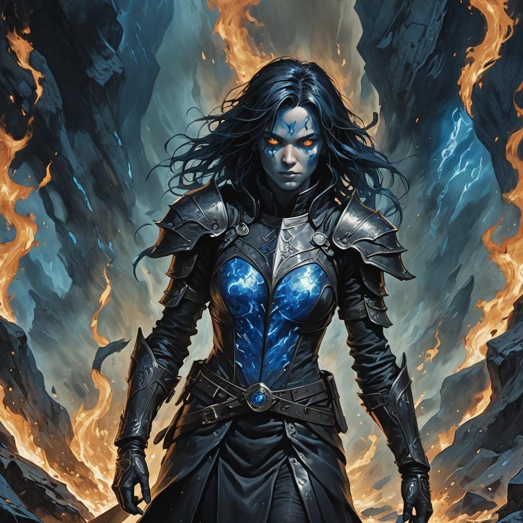 Le personnage est une sorcière avec des cheveux noirs et des yeux bleus brillants, portant une armure de cuir noir compl...