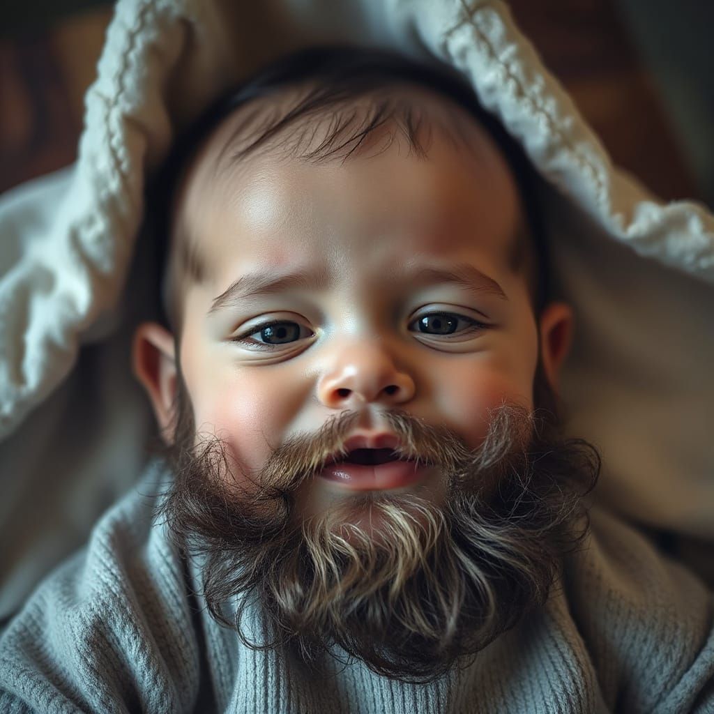 Hyperrealistic Newborn Baby with a Thick Beard